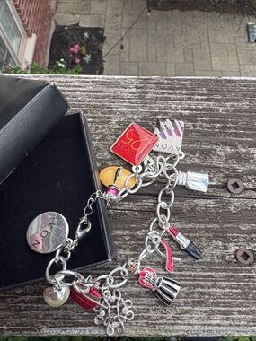 Avon Silver-Tone Charm Bracelet with Red and Yellow Enamel Accents